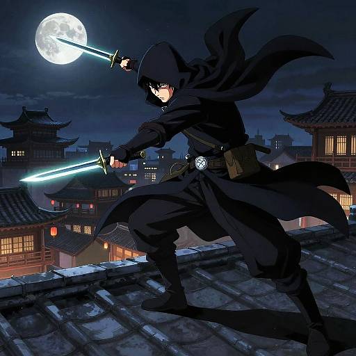 Stealthy Assassin on Moonlit Rooftop