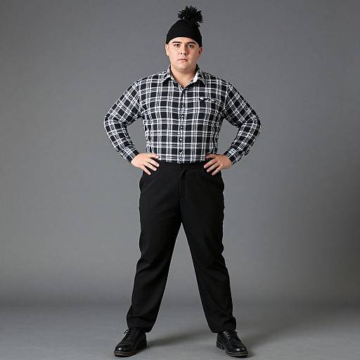 Photograph of a young man with fair skin, black beanie, black pants, black shoes, and a black-and-white checkered shirt, standing
