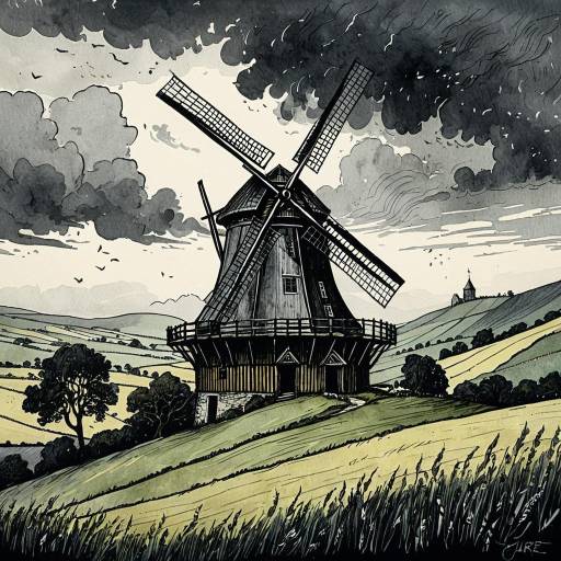 Elegant Medieval Windmill in Stormy Evening