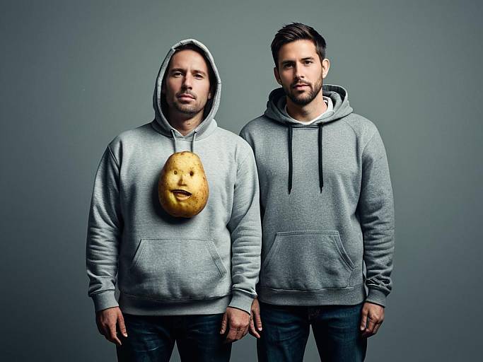 Photograph of two men standing side by side, both wearing grey hoodies; the left hoodie has a gold face emoji patch, against a gray background