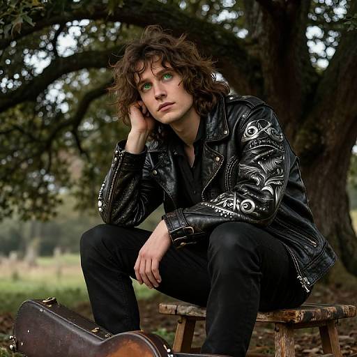 Photograph of a young man with wavy brown hair, green eyes, and pale skin, wearing a black leather jacket with white patterns, sitting on