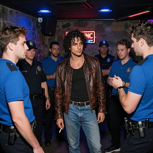 Nightclub Encounter with Police and Man in Leather Jacket