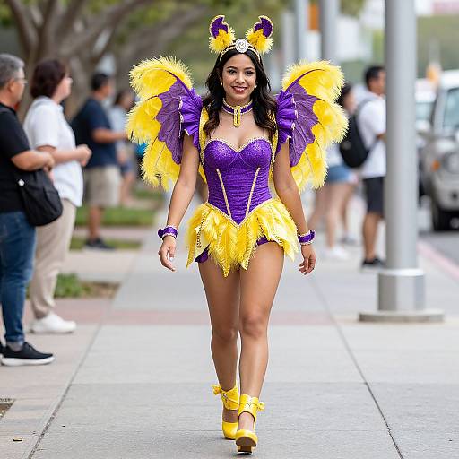 Photograph of a confident woman in vibrant purple and yellow Mardi Gras-style costume with feathered wings, yellow heels, and bunny ears, walking