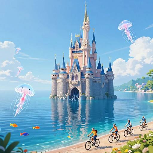 Digital illustration of a colorful, fairy-tale castle surrounded by calm blue water, jellyfish, and colorful fish, with three cyclists on a wooden path