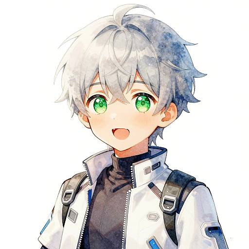 Digital anime-style drawing of a cute young boy with short, silver hair, bright green eyes, and a white jacket with black accents, smiling against a