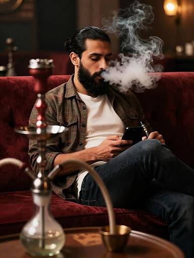 Relaxed Man Smoking Shisha on Plush Sofa