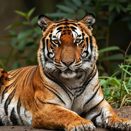 Photograph of a majestic Bengal tiger with striking orange and black stripes, lying down with intense yellow eyes, in a lush green forest background.