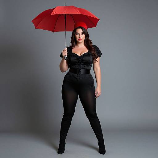 Photograph of a curvy woman with long dark hair, wearing a black, button-up, sheer top and pants, holding a red umbrella, standing