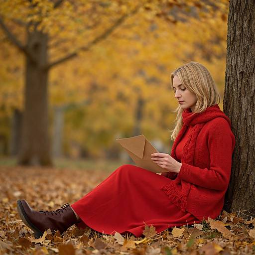 Photograph of a blonde woman in a red sweater and long skirt, sitting against a tree, reading a letter in an autumn forest with yellow leaves.