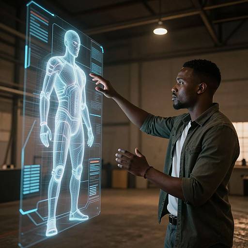 Man Interacting with Futuristic Hologram