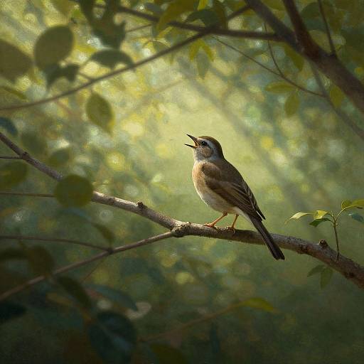 Photograph of a small bird with brown and white feathers, perched on a branch, singing with its beak open, set against a sunlit