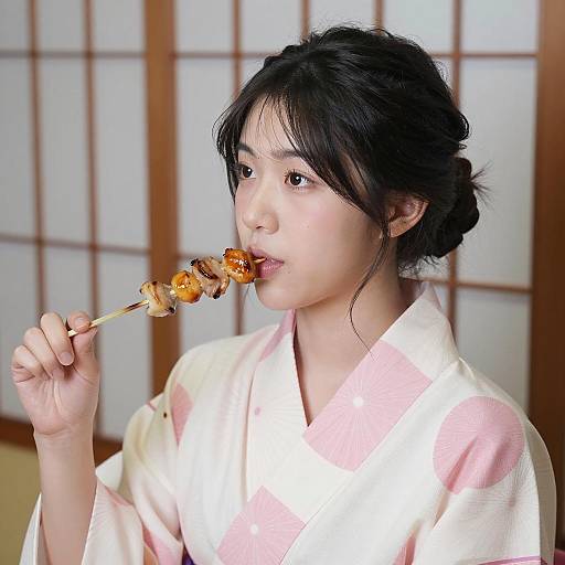 Asian Woman in Yukata Enjoying Skewers