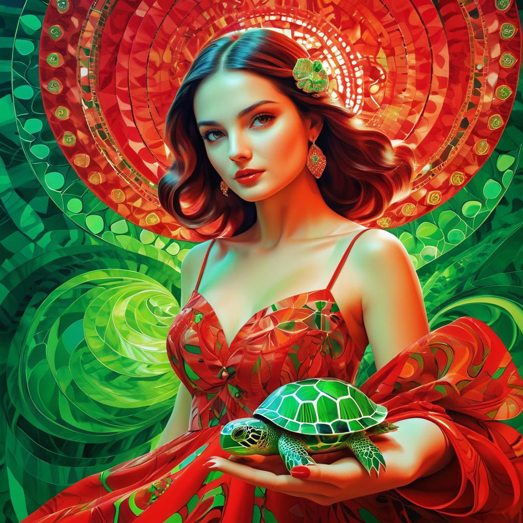 Surreal Woman in Red with Turtle