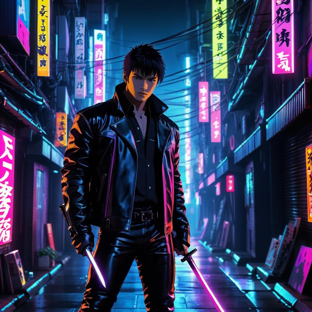 Brooding Vigilante in Neon City Alley