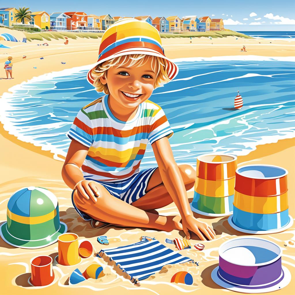 Vibrant Beach Scene with Sandcastle Builder