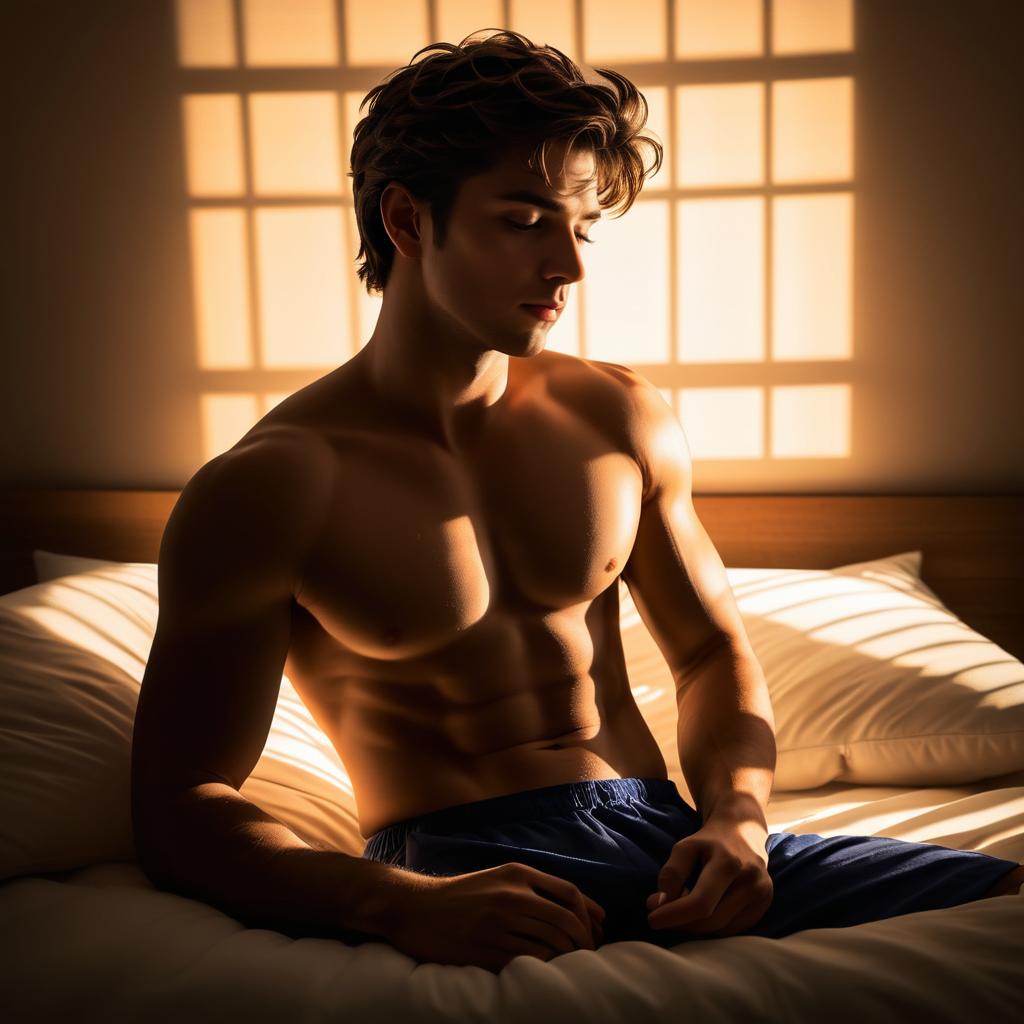 Charming Young Man in Bed at Night