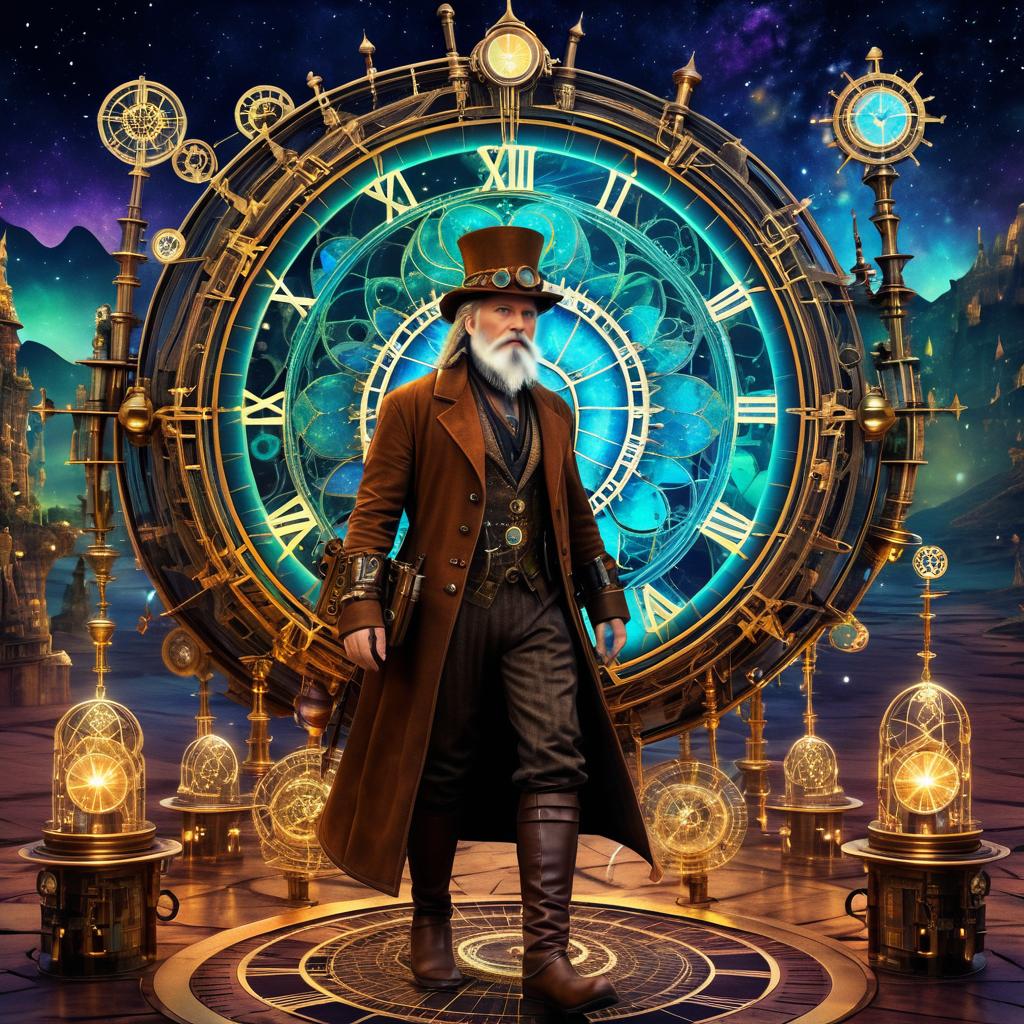 Wandering Clockmaker in Surreal Steampunk Landscape