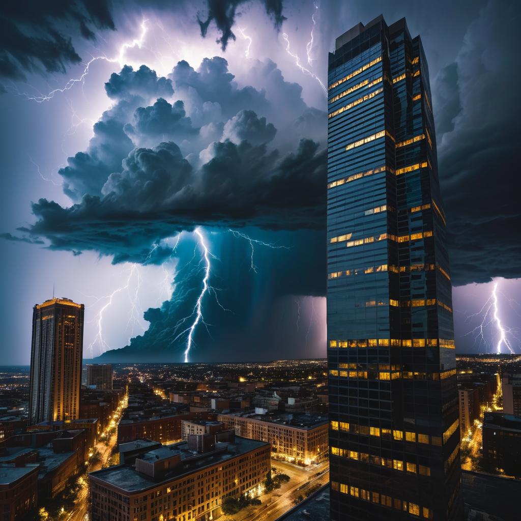 Eerie Urban Skyscraper Amidst Thunderclouds