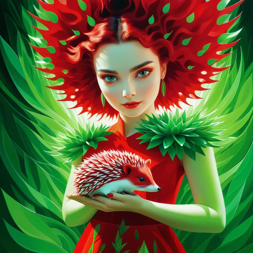 Ethereal Woman with Hedgehog in Red Dress