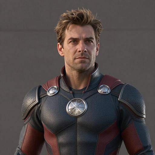 Photorealistic CGI of a muscular, serious-faced man with short, spiked brown hair, wearing a dark, textured superhero suit with red accents and metallic
