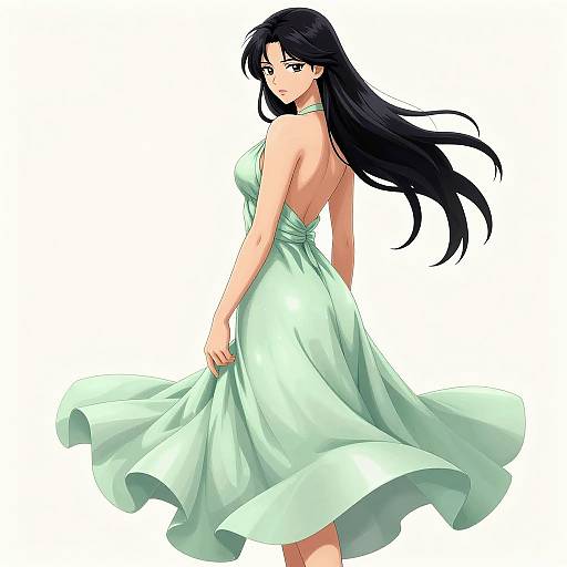Digital anime-style drawing of a beautiful woman with long black hair, wearing a flowing, backless, pale green dress, looking over her shoulder. White