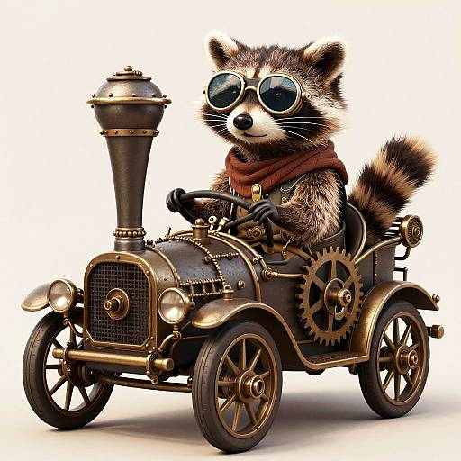 Digital illustration of a raccoon in steampunk goggles and red scarf, driving a vintage brass steam car with detailed gears and wheels.