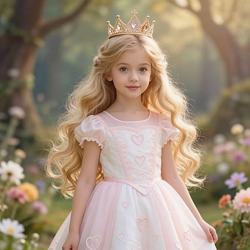 Photograph of a blonde, fair-skinned young girl with long, wavy hair, wearing a pink and white heart-patterned dress and golden crown