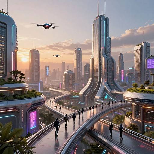 Digital art of a futuristic cityscape at sunset, featuring sleek skyscrapers with neon lights, flying drones, and elevated walkways.