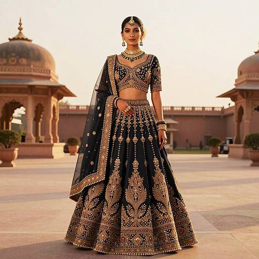Photograph of a woman in an ornate black and gold traditional Indian lehenga with intricate embroidery, standing in a sunlit courtyard with domed buildings