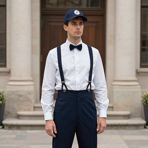 Photograph of a young man in a white shirt, black bowtie, suspenders, and navy cap, standing in front of a stone building.