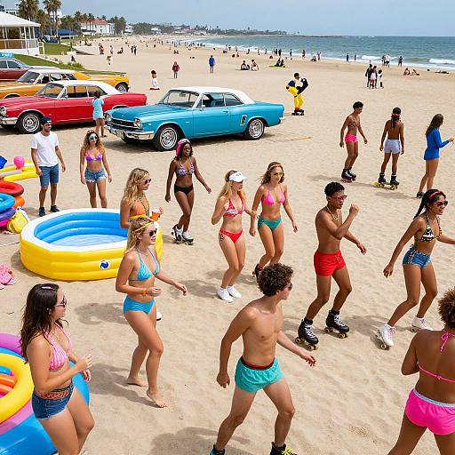 Photograph of a sunny beach scene with diverse group of people in colorful bikinis and swim trunks, rollerblading, and vintage cars parked on