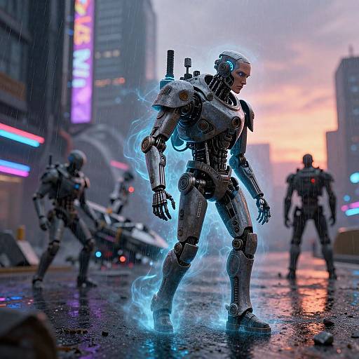 CGI cyberpunk scene: glowing blue robotic soldier stands in rain-soaked street, surrounded by other robots, neon-lit skyscrapers in background