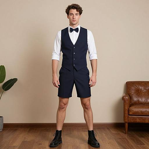 Photograph of a curly-haired, fair-skinned man in a black vest, white shirt, bow tie, black shorts, and black boots, standing
