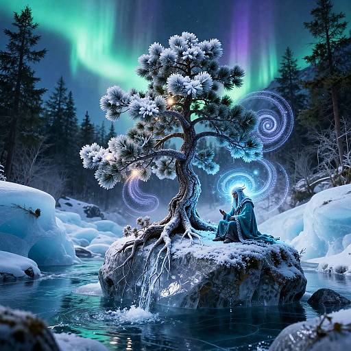 Mystical Frost-Bound Pine with Goblin Shaman under Aurora