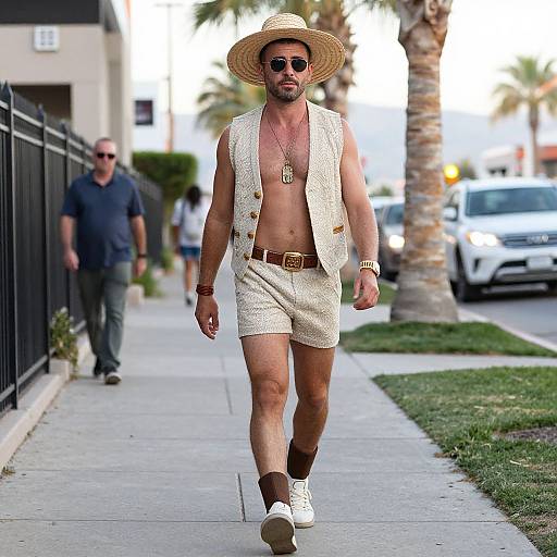 Photograph of a muscular, bearded man in a straw hat, sunglasses, white cropped vest, shorts, and brown boots, walking a sunny urban