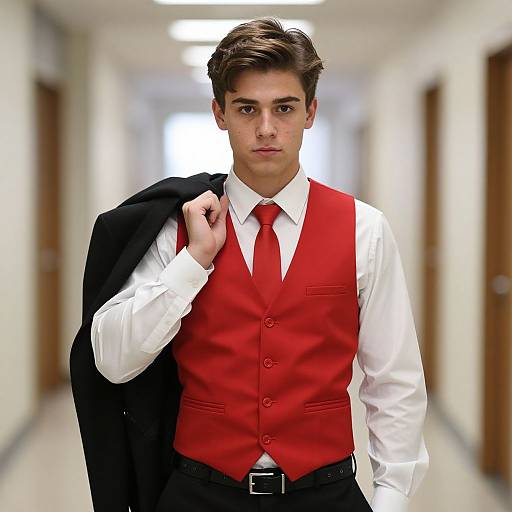 Photograph of a young man with short brown hair, wearing a white shirt, red vest, red tie, and black pants, holding a black jacket