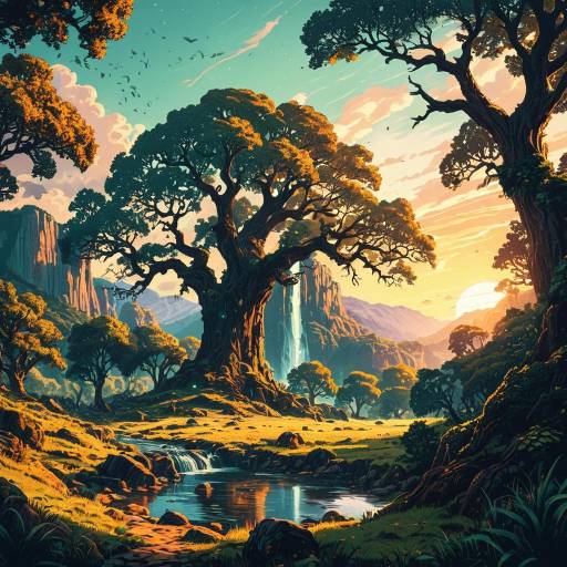 Fantasy Sunset Landscape with Ancient Oaks