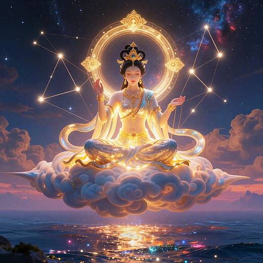 Digital art of a glowing, celestial Buddha seated on a cloud, surrounded by stars and constellations, with radiant light and cosmic background.