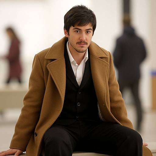 Photograph of a dark-haired man with a mustache, wearing a brown wool coat over a black vest and white shirt, sitting and looking forward in