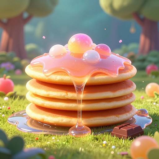 Photorealistic CGI: Golden, syrup-dripping stack of pancakes topped with pink and white ice cream, set on grassy field with trees and