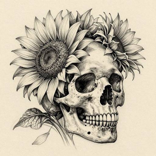 Intricate black and white drawing of a skull adorned with sunflowers and leaves, showcasing detailed textures and shading.