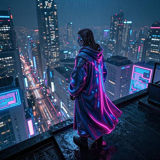 Cyberpunk-style digital artwork: Neon-lit cityscape at night, rain pouring down. Person with long hair in glowing pink and blue cloak stands