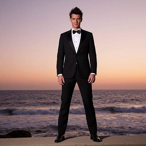 Photograph of a tall, handsome man with spiked dark hair, wearing a black tuxedo with a white shirt and black bow tie, standing on