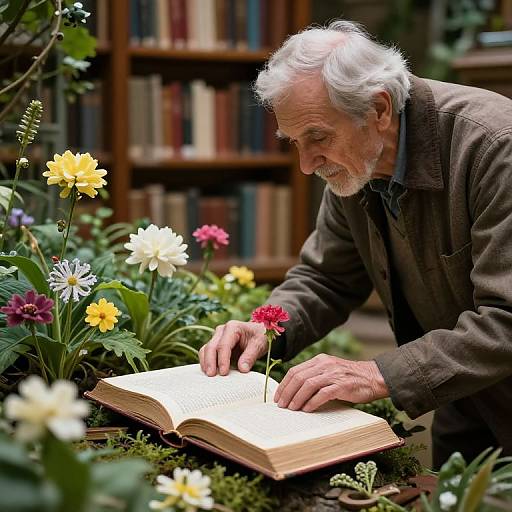 Elderly Gardener Tends Book Garden