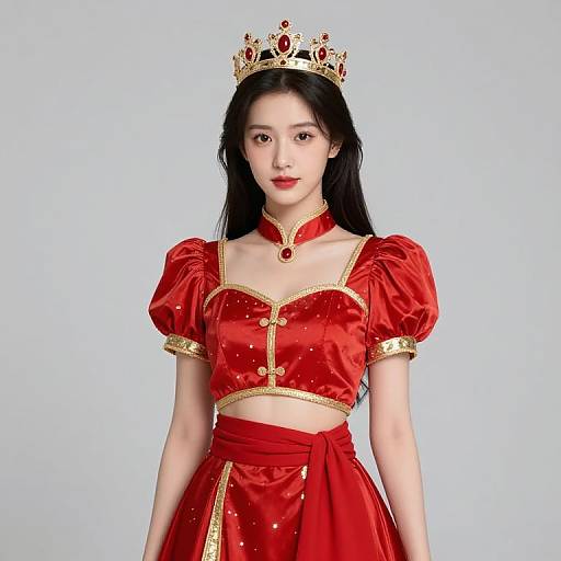 Regal Woman in Red and Gold Attire