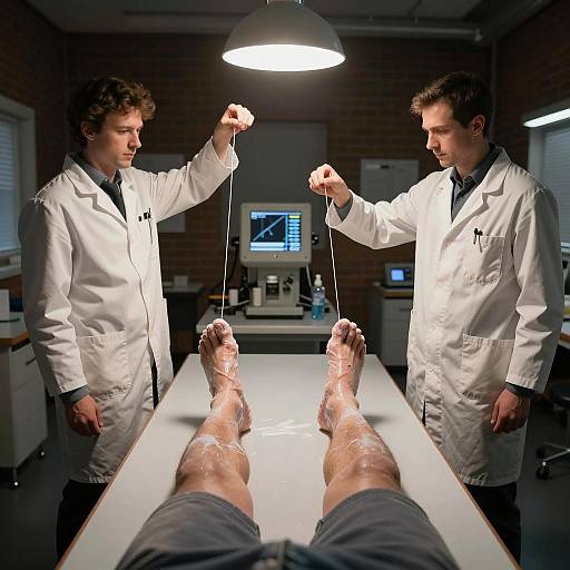 Men in Lab Coats in Dimly Lit Lab