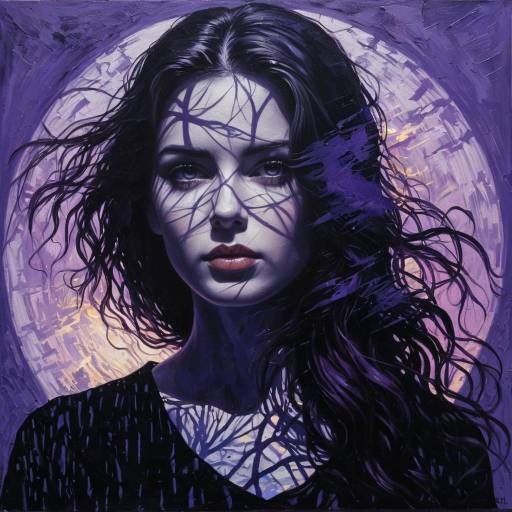 Ethereal Woman with Violet Eyes in Dual Light and Shadow