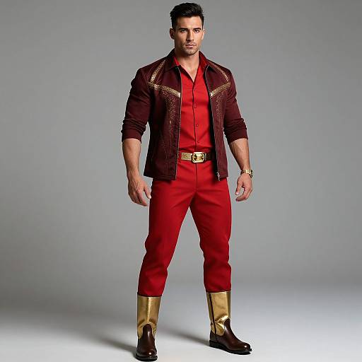 Photograph of a muscular, dark-haired man in red pants, black shirt, gold-trimmed jacket, gold boots, and brown belt, standing