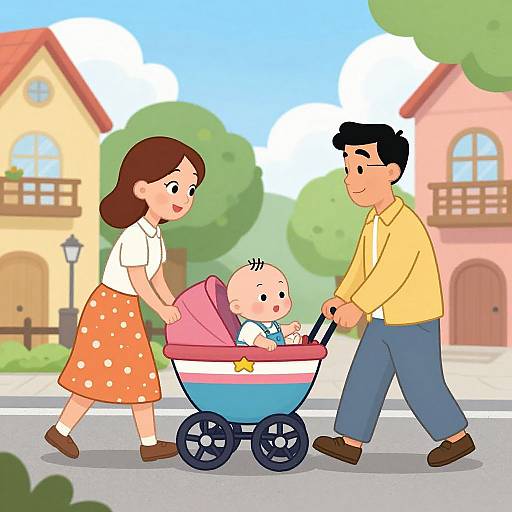 Cartoon-style image of a happy family walking on a sunny street; mother in orange polka dot skirt, father in yellow shirt, pushing a baby