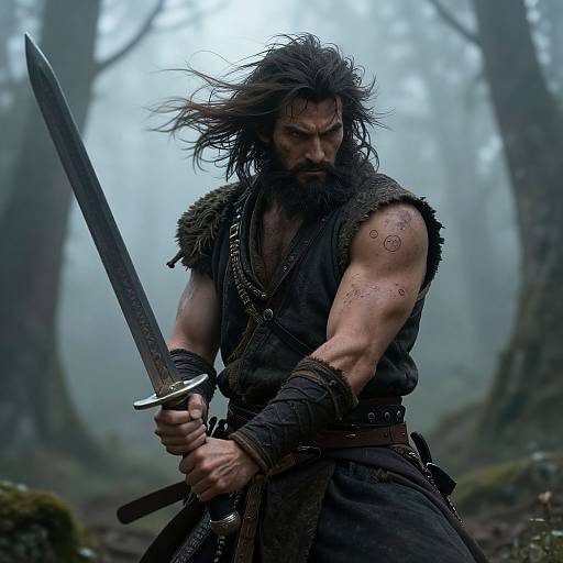 Photorealistic digital art of a fierce, bearded warrior with long dark hair, holding a sword in a misty forest. Wearing tattered